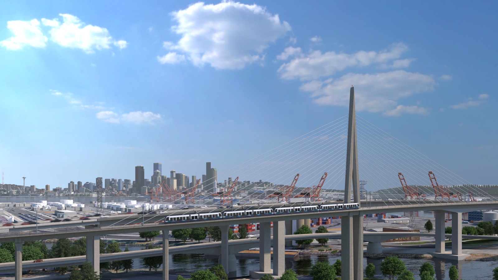 Link 輕軌列車駛過大橋前往West Seattle的效果圖。閱讀 The Platform 上的部落格文章。